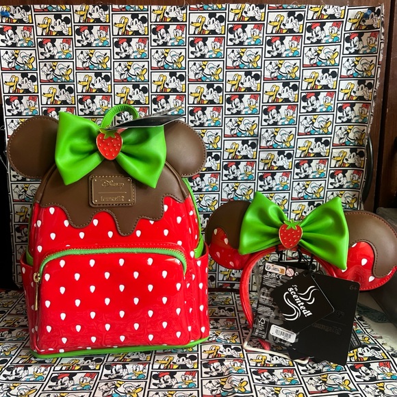 Loungefly Disney Minnie Mouse Chocolate Dipped Strawberry Backpack Ears Set NWT - Picture 2 of 16